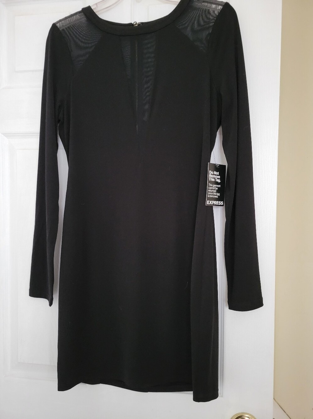 NWT Express Black Long Sleeve Dress with Mesh Shoulder and Side Panels